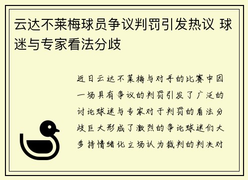 云达不莱梅球员争议判罚引发热议 球迷与专家看法分歧