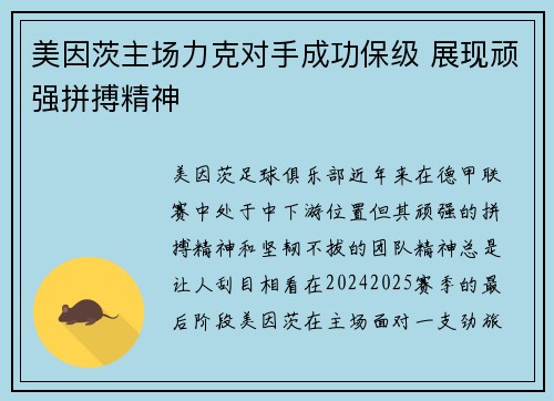 美因茨主场力克对手成功保级 展现顽强拼搏精神